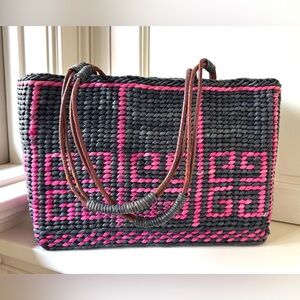 GIVENCHY Black Pink Logo Woven Raffia Tote Beach Market Bag